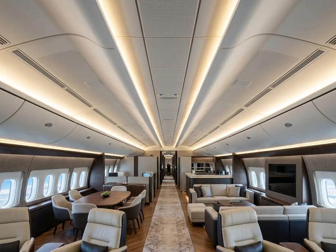 Boeing Business Jet (BBJ) VIP airliner — full-size cabin configured with staterooms and a dining area