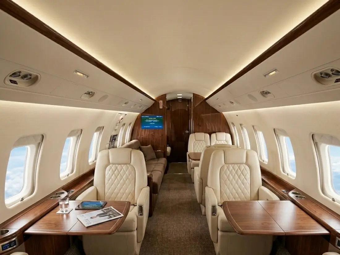 Bombardier Challenger 605 heavy jet — wide cabin with club seating for up to fourteen passengers