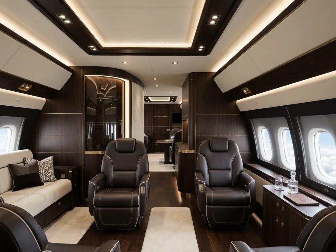 Airbus ACJ VIP airliner — bespoke wide-body cabin with private lounges and bedrooms